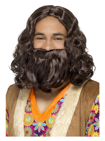 Hippie/Jesus Wig & Beard Set, Brown