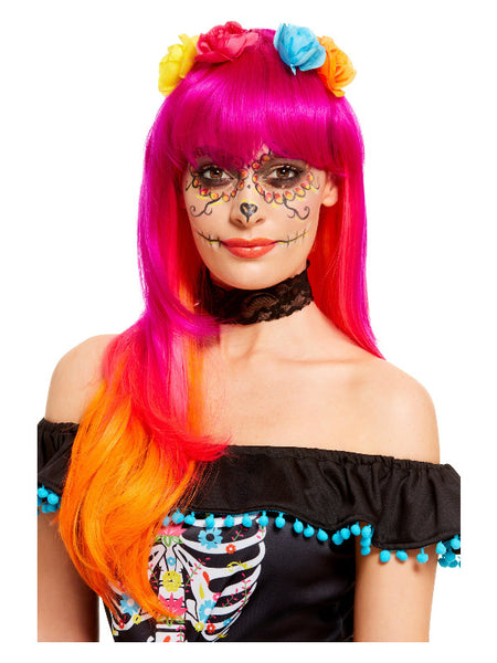 Deluxe Day of the Dead Wig, Pink & Orange