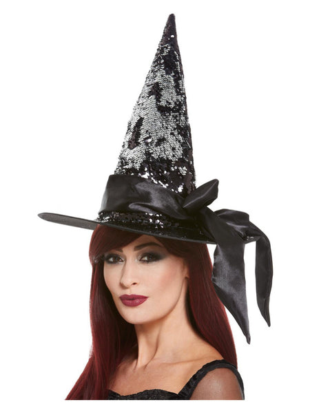 Deluxe Reversible Sequin Witch Hat, Black & Silver
