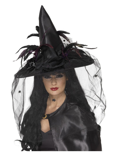 Witch Hat, Feathers & Netting, Black