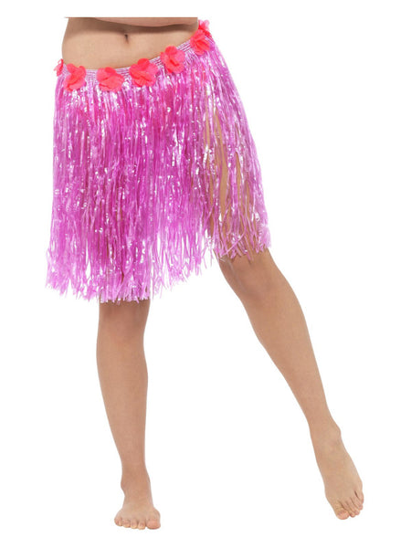 Hawaiian Hula Skirt with Flowers, Neon Pink