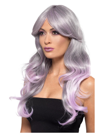Fashion Ombre Wig, Wavy, Long, Grey & Pastel Pink