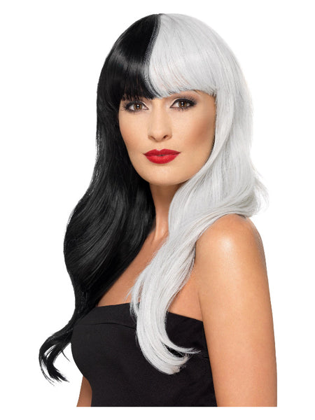 Deluxe Wig, Half & Half With Fringe, Black & Grey