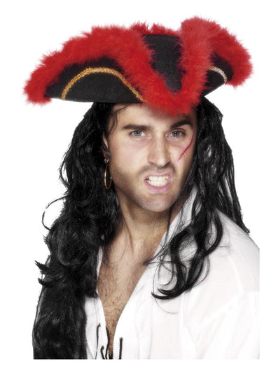 Pirate Tricorn Hat, Red Feather, Black